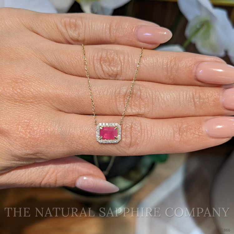 1.01 Ct. Pinkish Red Ruby and Natural Diamond Halo Necklace, 14K Yellow Gold