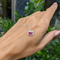 1.07 Ct. Pinkish Red Ruby and Natural Diamond Halo Necklace, 14K Yellow Gold Life Style