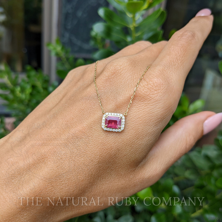 1.07 Ct. Pinkish Red Ruby and Natural Diamond Halo Necklace, 14K Yellow Gold