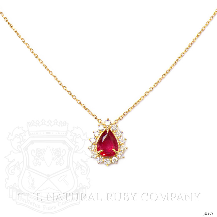 0.75 Ct. Ruby and Natural Diamond Halo Necklace, 14K Yellow Gold