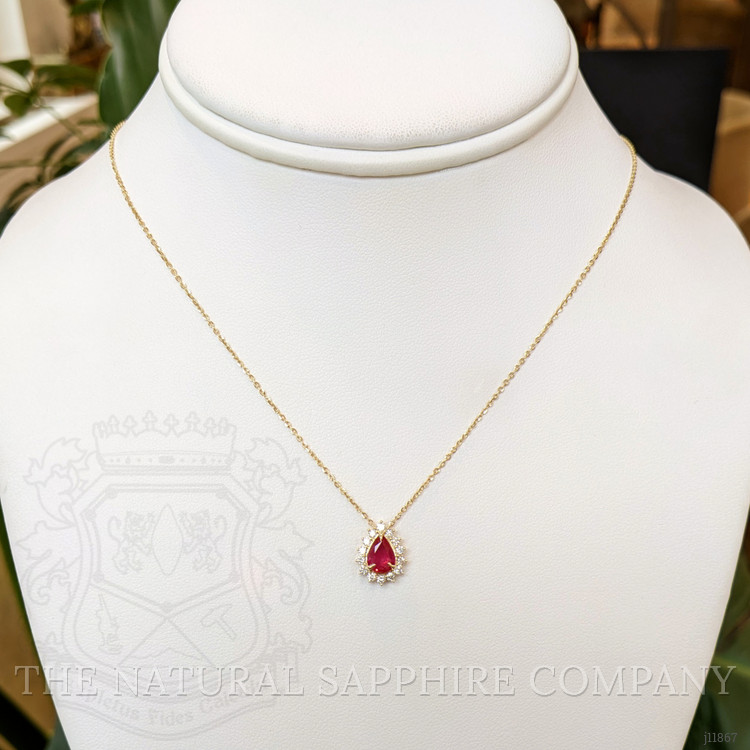 0.75 Ct. Ruby and Natural Diamond Halo Necklace, 14K Yellow Gold