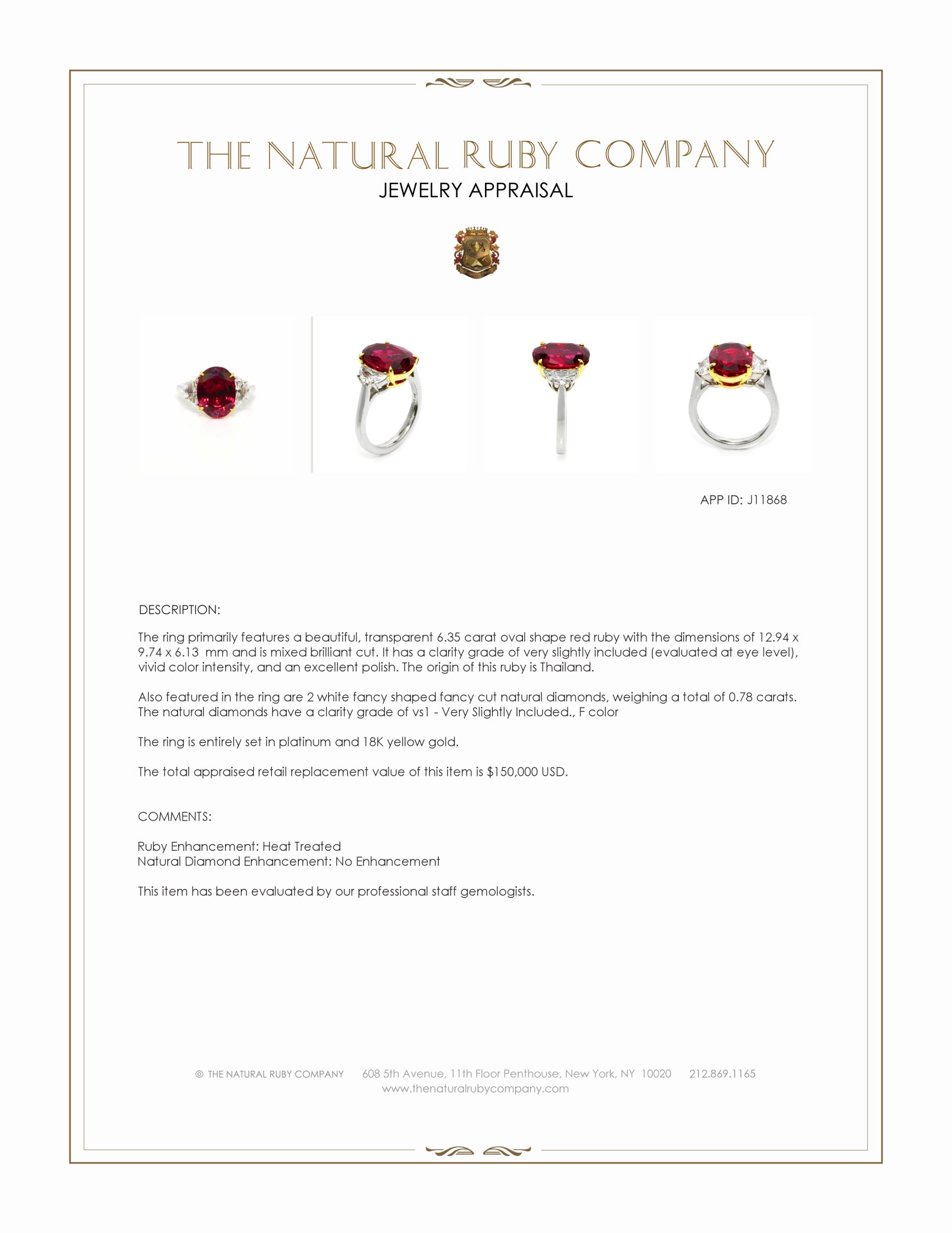 6.35 Ct. Ruby and Natural Diamond Three Stone Ring, Platinum & 18K Yellow