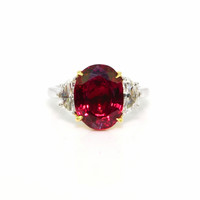 6.35 Ct. Ruby and Natural Diamond Three Stone Ring, Platinum & 18K Yellow Video