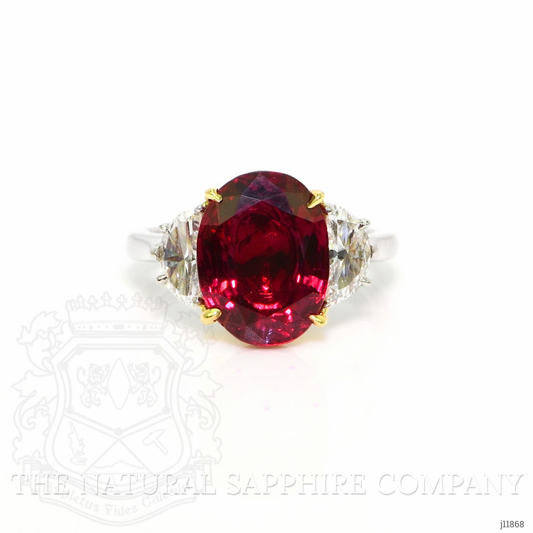 6.35 Ct. Ruby and Natural Diamond Three Stone Ring, Platinum & 18K Yellow