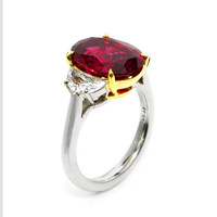 6.35 Ct. Ruby and Natural Diamond Three Stone Ring, Platinum & 18K Yellow Image