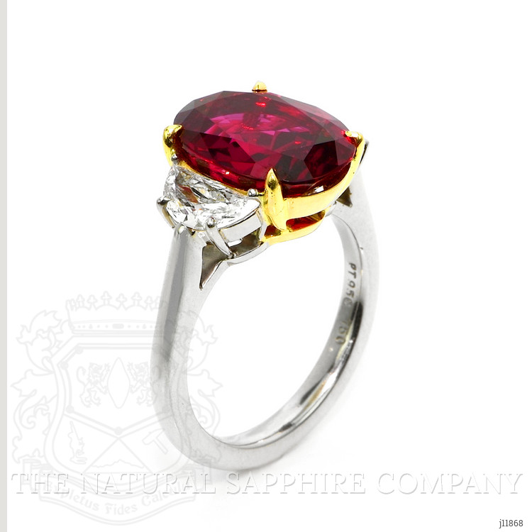 6.35 Ct. Ruby and Natural Diamond Three Stone Ring, Platinum & 18K Yellow