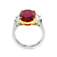 6.35 Ct. Ruby and Natural Diamond Three Stone Ring, Platinum & 18K Yellow Image