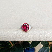 6.35 Ct. Ruby and Natural Diamond Three Stone Ring, Platinum & 18K Yellow Life Style