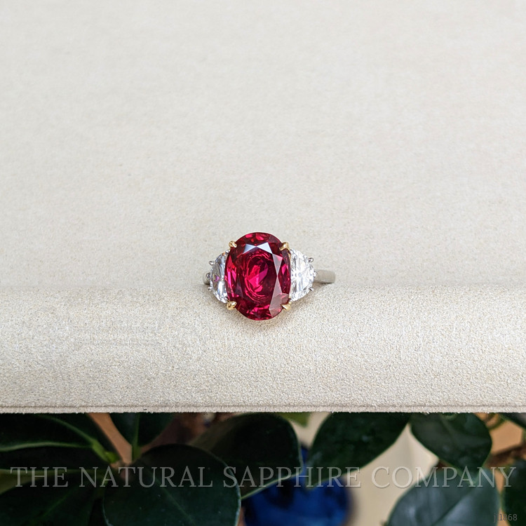 6.35 Ct. Ruby and Natural Diamond Three Stone Ring, Platinum & 18K Yellow
