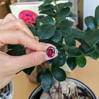 6.35 Ct. Ruby and Natural Diamond Three Stone Ring, Platinum & 18K Yellow Life Style