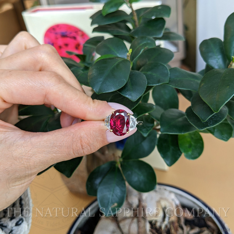 6.35 Ct. Ruby and Natural Diamond Three Stone Ring, Platinum & 18K Yellow