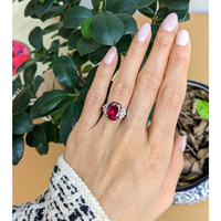 6.35 Ct. Ruby and Natural Diamond Three Stone Ring, Platinum & 18K Yellow Life Style