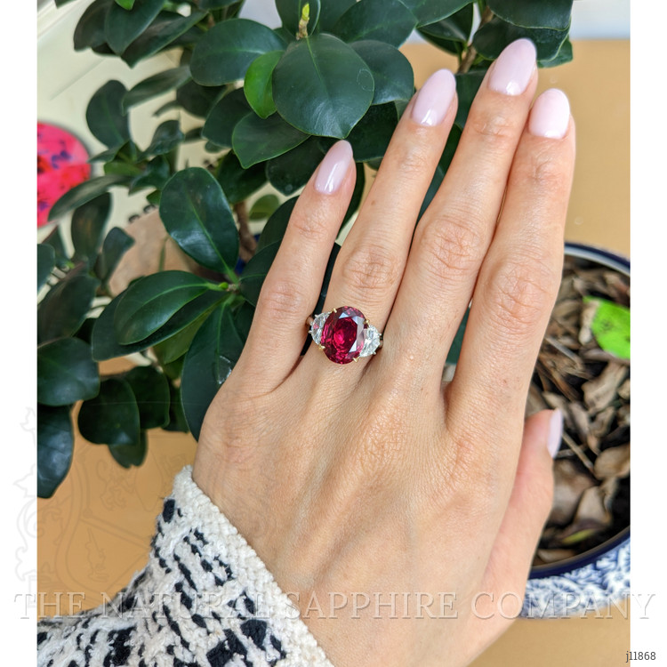 6.35 Ct. Ruby and Natural Diamond Three Stone Ring, Platinum & 18K Yellow
