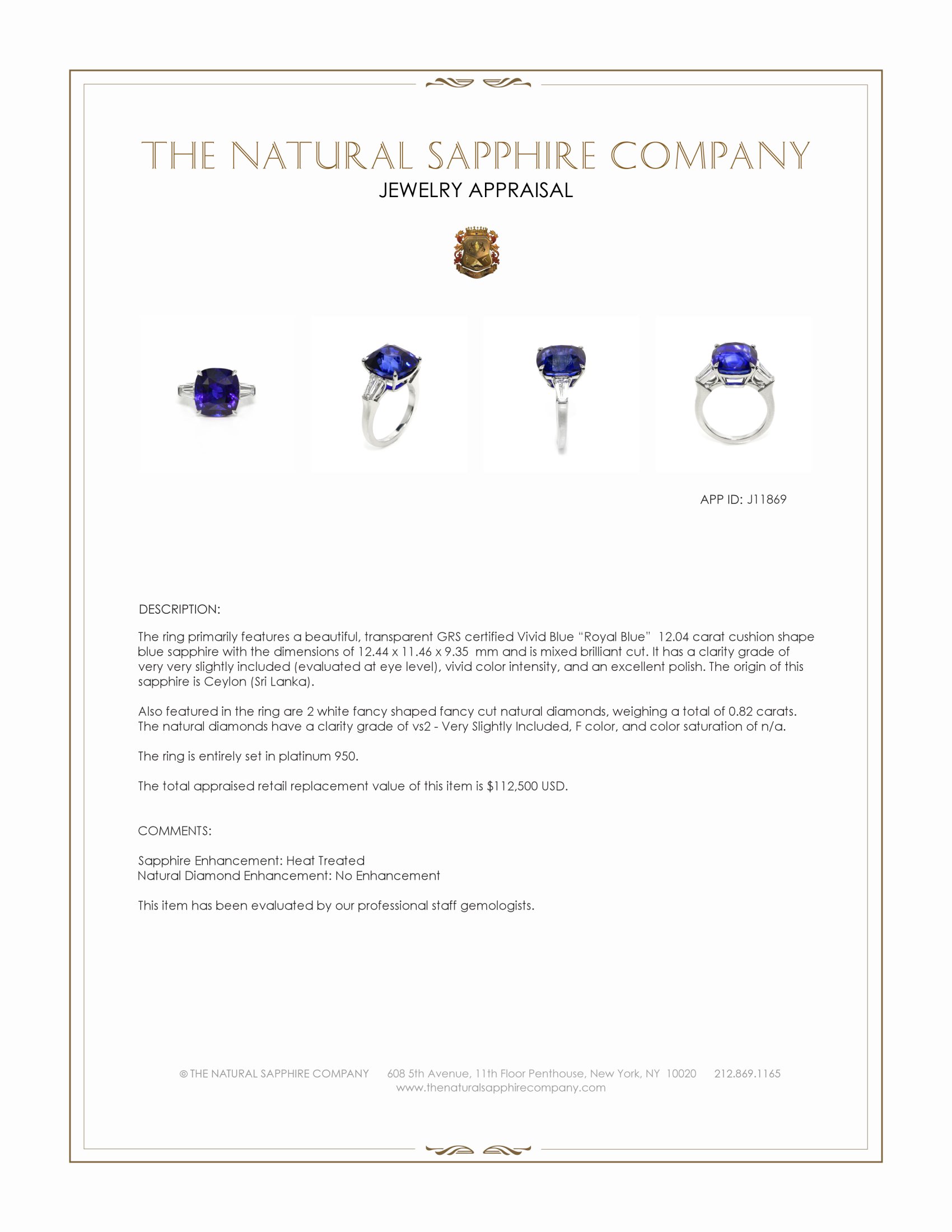 12.04 Ct. Blue Sapphire and Natural Diamond Three Stone Ring, Platinum 950