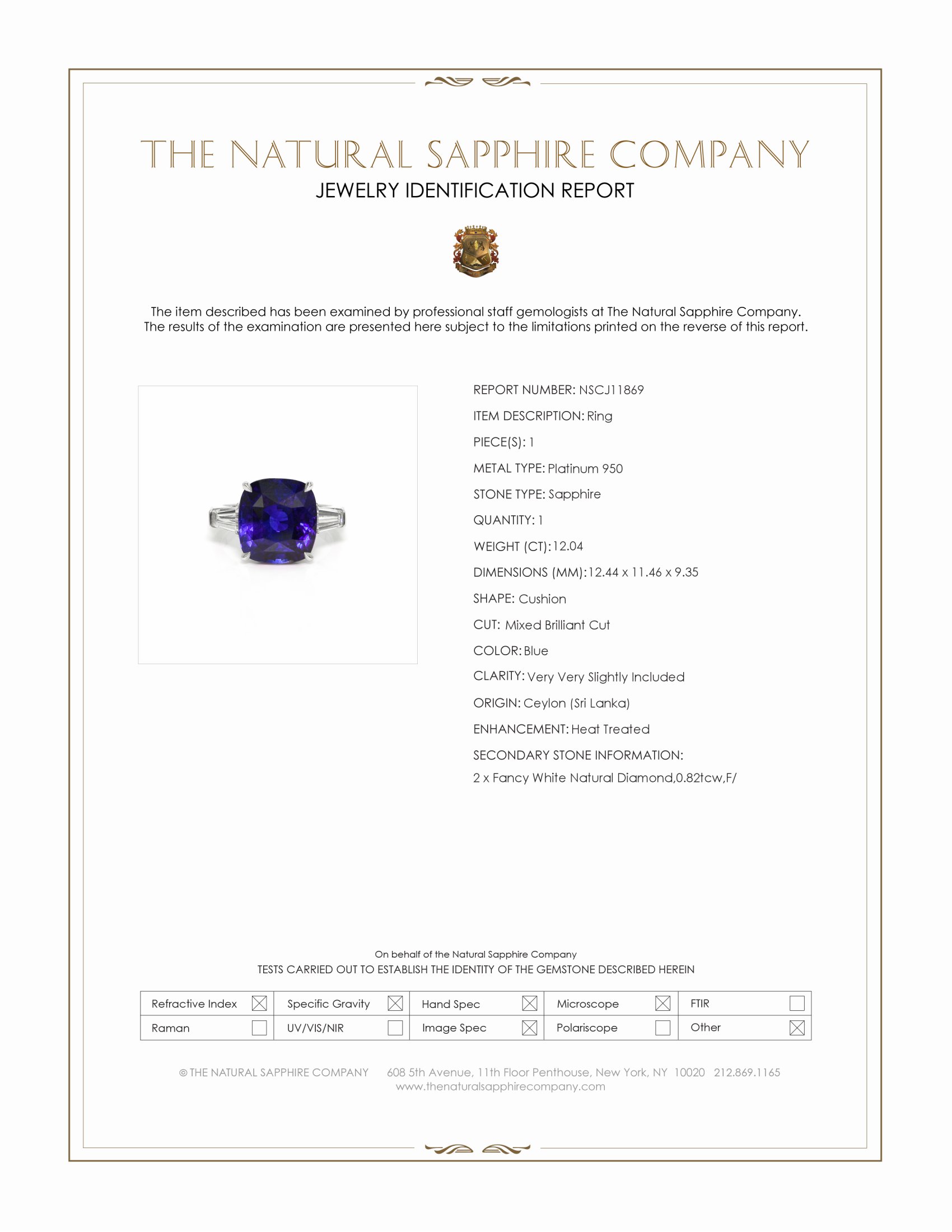 12.04 Ct. Blue Sapphire and Natural Diamond Three Stone Ring, Platinum 950