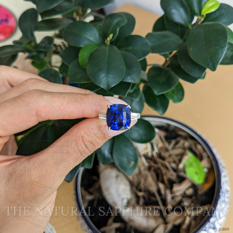 12.04 Ct. Blue Sapphire and Natural Diamond Three Stone Ring, Platinum 950