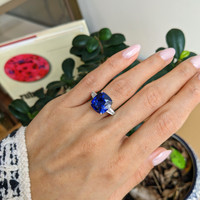 12.04 Ct. Blue Sapphire and Natural Diamond Three Stone Ring, Platinum 950 Life Style