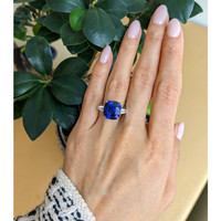 12.04 Ct. Blue Sapphire and Natural Diamond Three Stone Ring, Platinum 950 Life Style