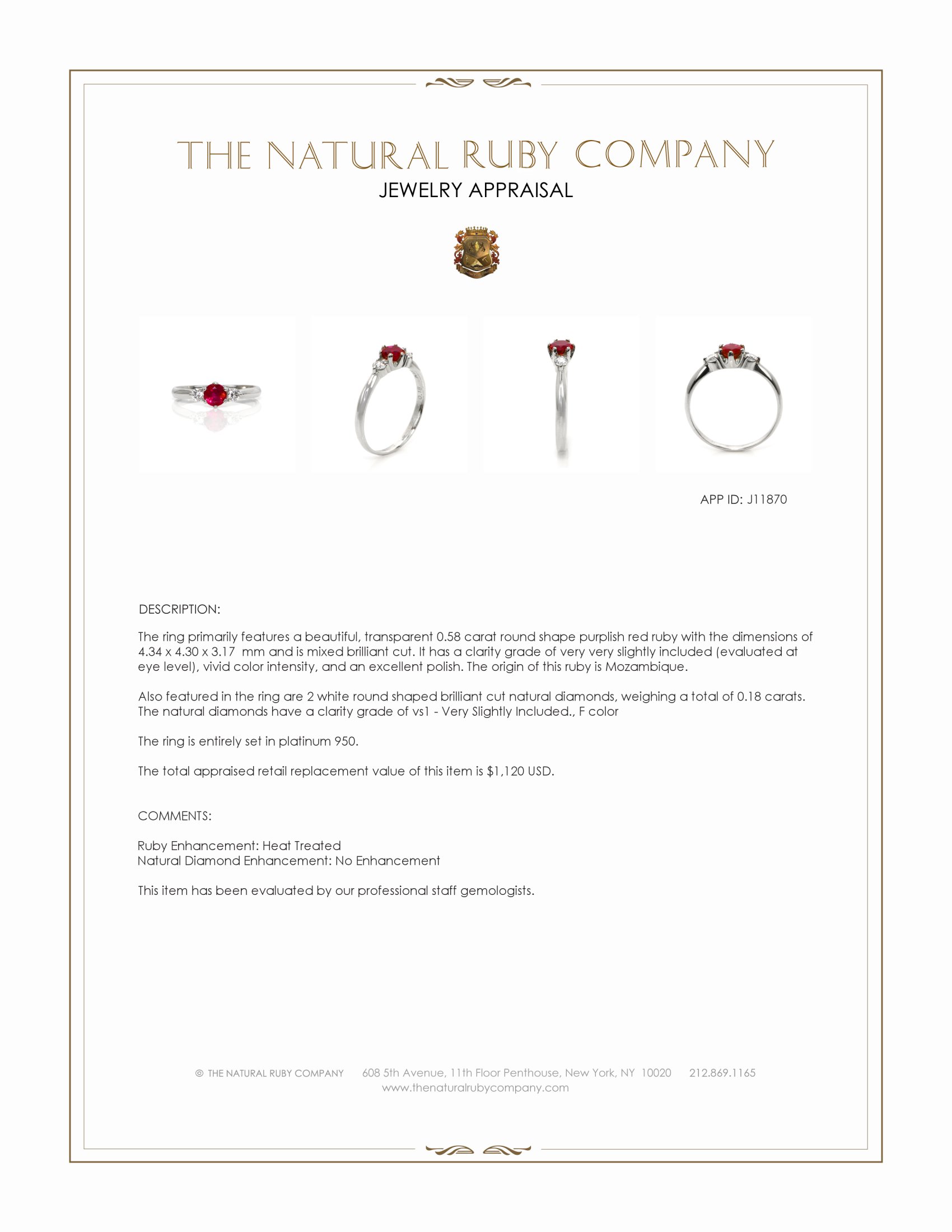 0.58 Ct. Purplish Red Ruby and Natural Diamond Three Stone Ring, Platinum 950