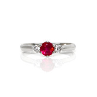 0.58 Ct. Purplish Red Ruby and Natural Diamond Three Stone Ring, Platinum 950 Video