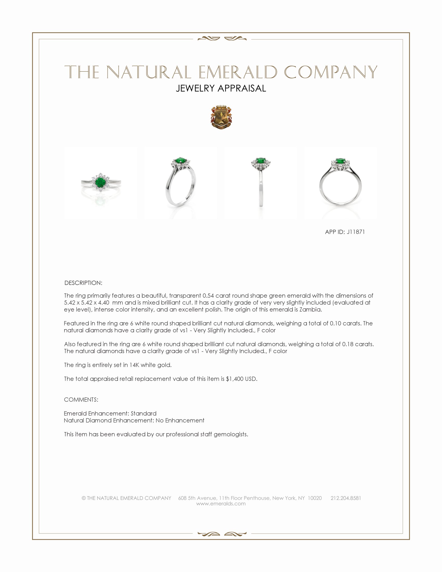 0.54 Ct. Emerald and Natural Diamond Pave Ring, 14K White Gold