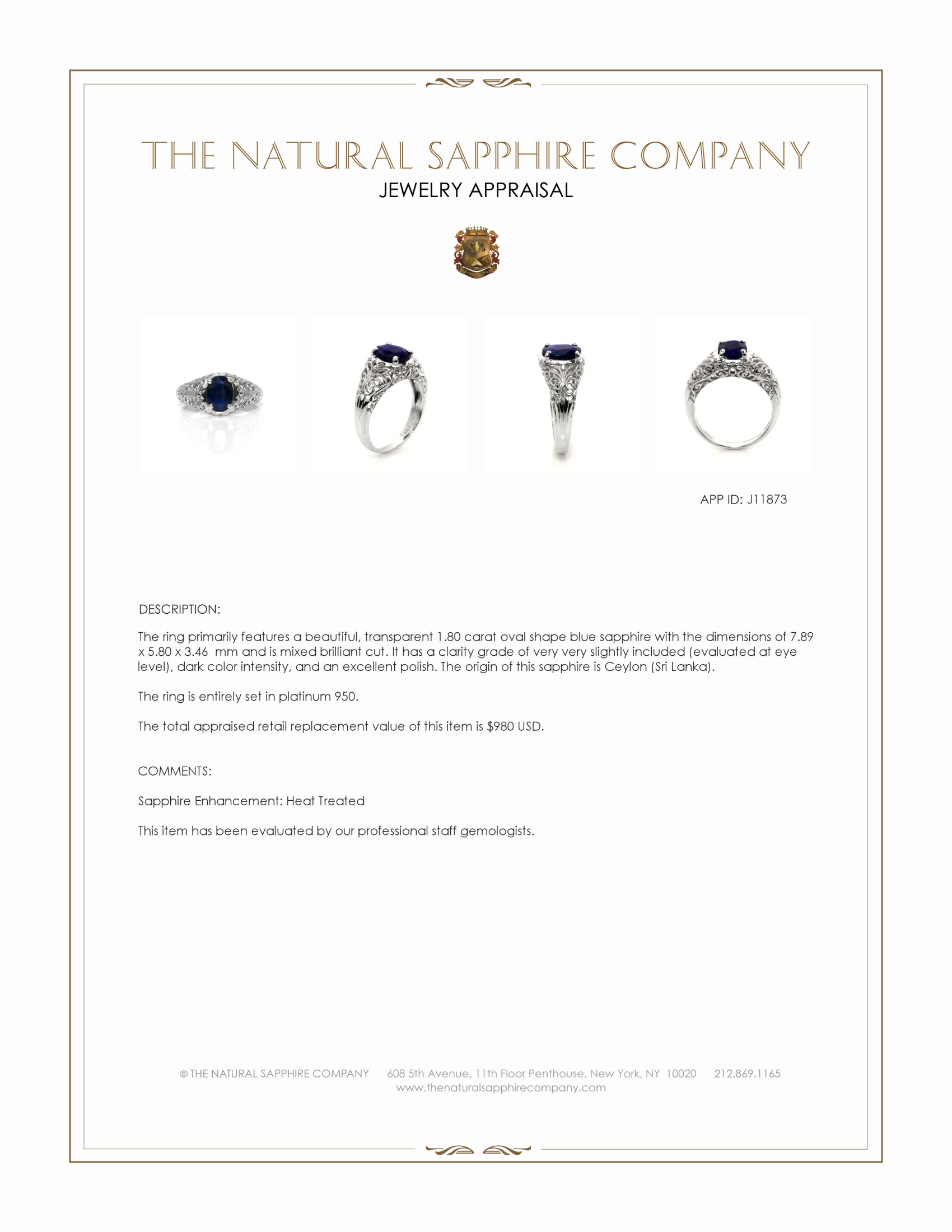 1.80 Ct. Blue Sapphire Antique Style Ring, Platinum 950