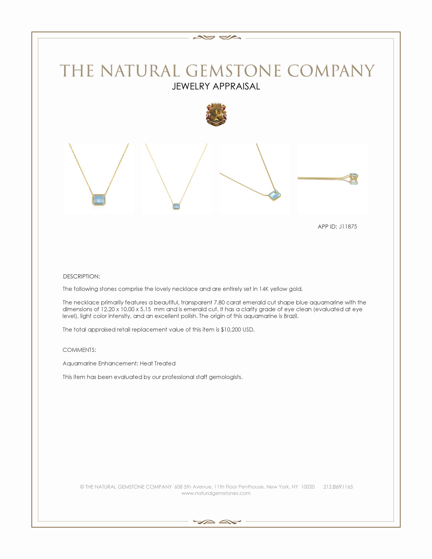 7.80 Ct. Blue Aquamarine Bezel Necklace, 14K Yellow Gold