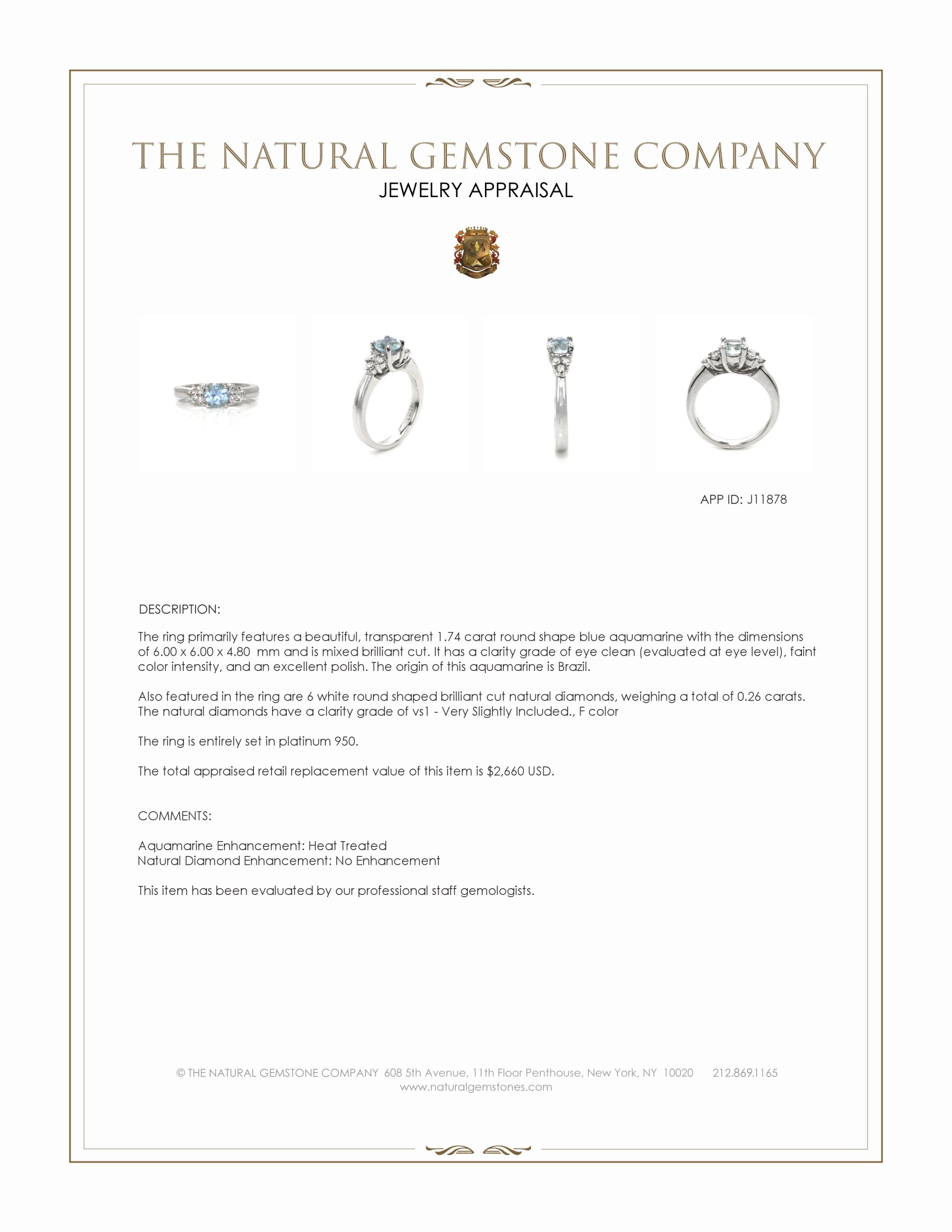 1.74 Ct. Blue Aquamarine and Natural Diamond Three Stone Ring, Platinum 950