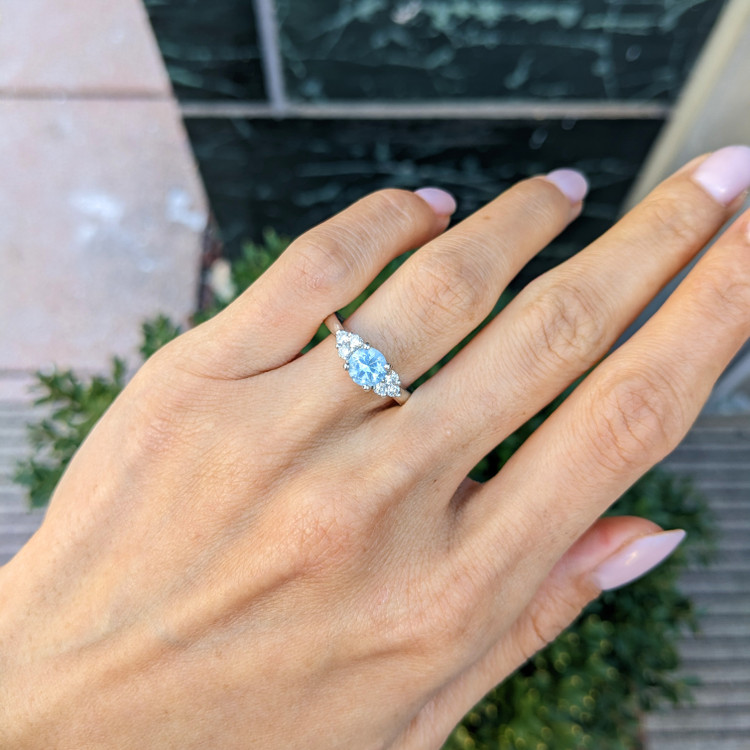 1.74 Ct. Blue Aquamarine and Natural Diamond Three Stone Ring, Platinum 950