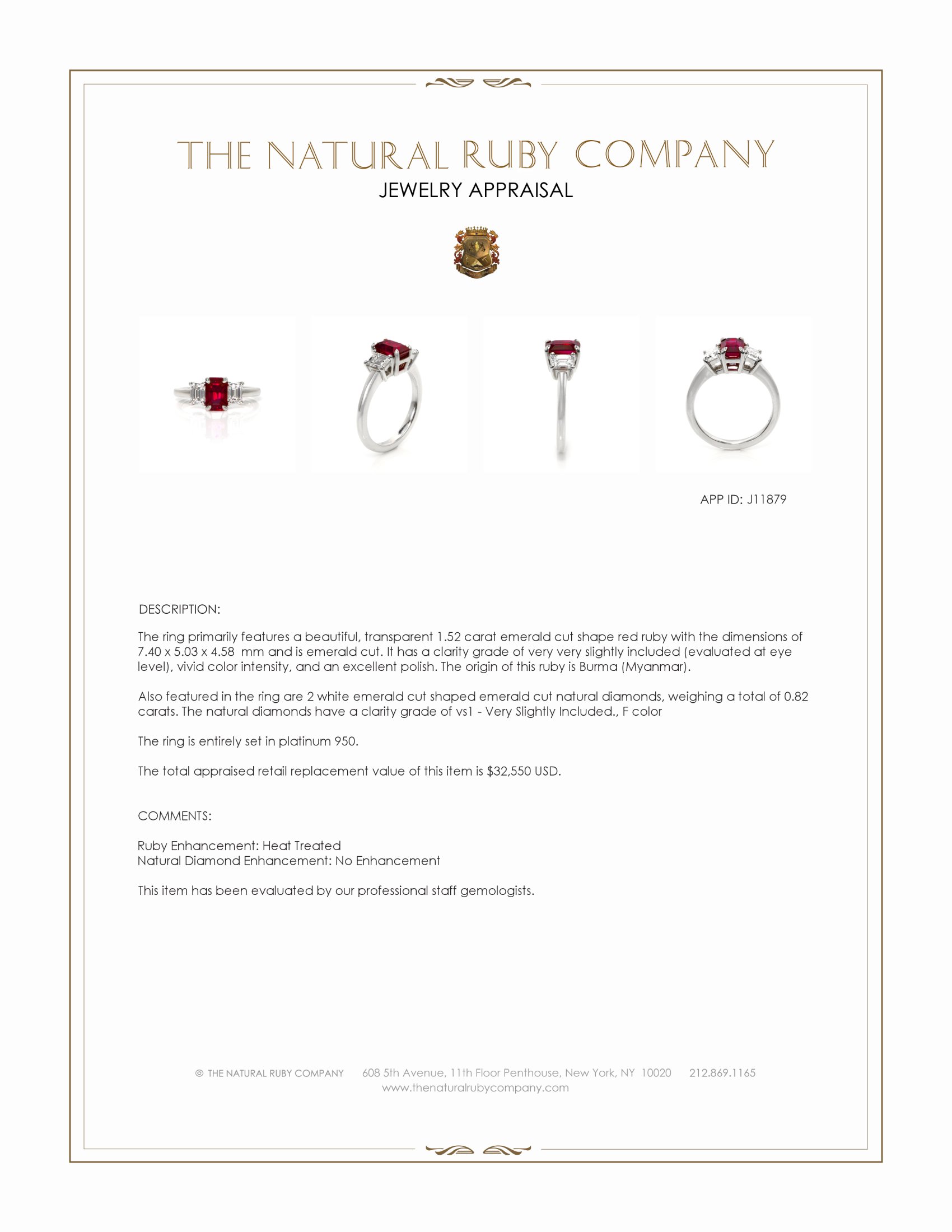 1.52 Ct. Ruby and Natural Diamond Three Stone Ring, Platinum 950