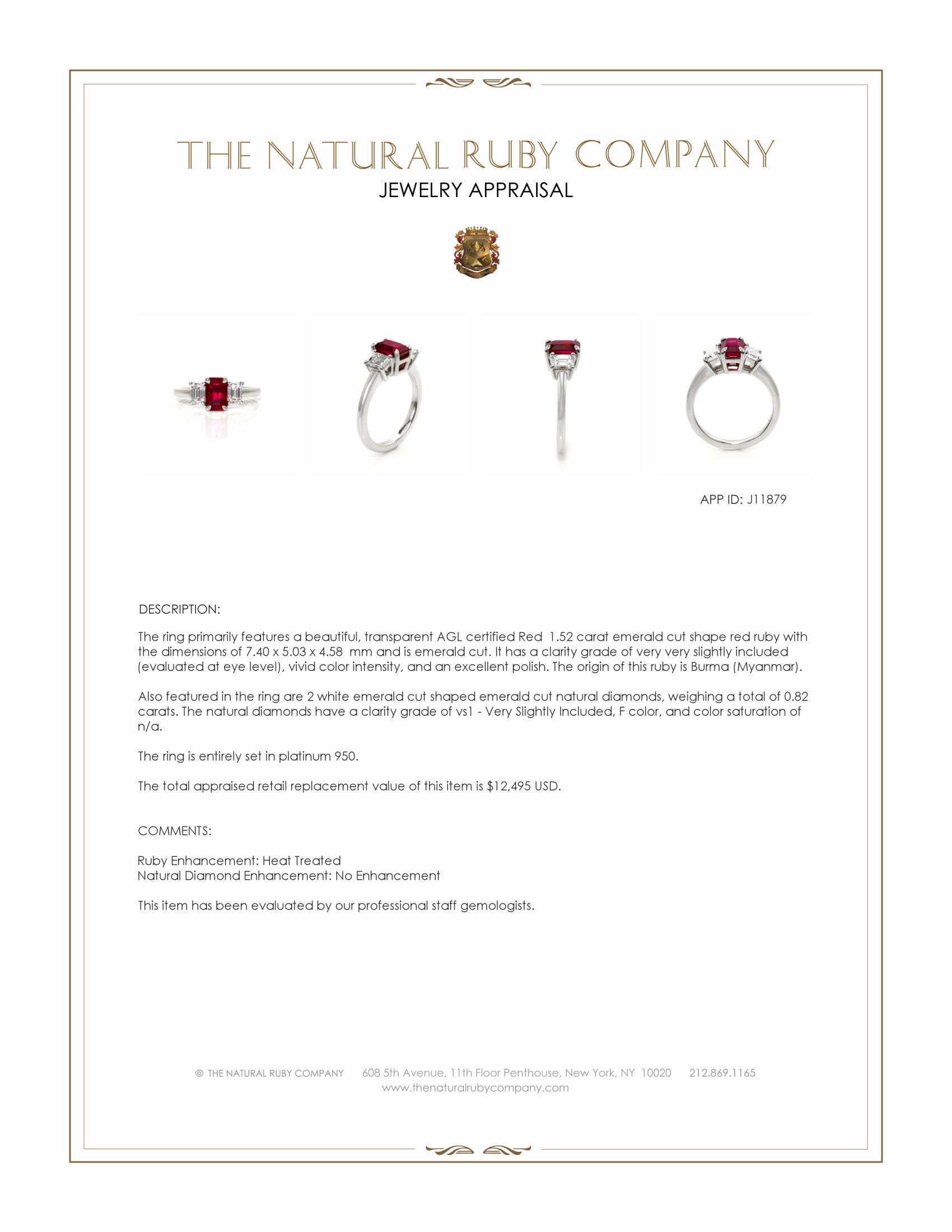 1.52 Ct. Ruby and Natural Diamond Three Stone Ring, Platinum 950