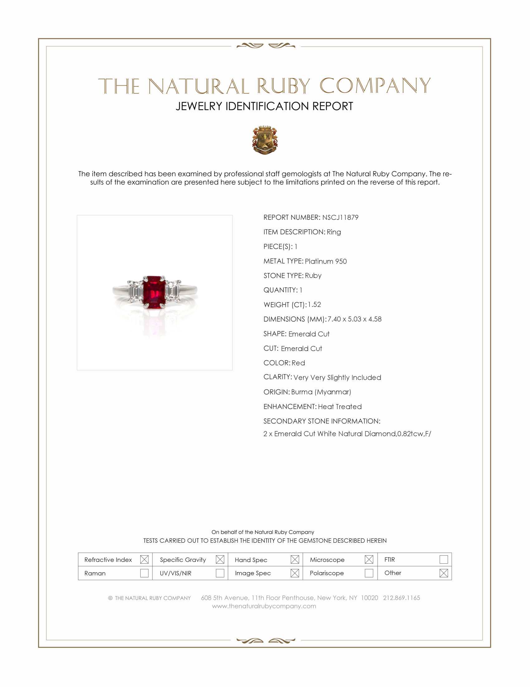 1.52 Ct. Ruby and Natural Diamond Three Stone Ring, Platinum 950