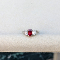 1.52 Ct. Ruby and Natural Diamond Three Stone Ring, Platinum 950 Life Style