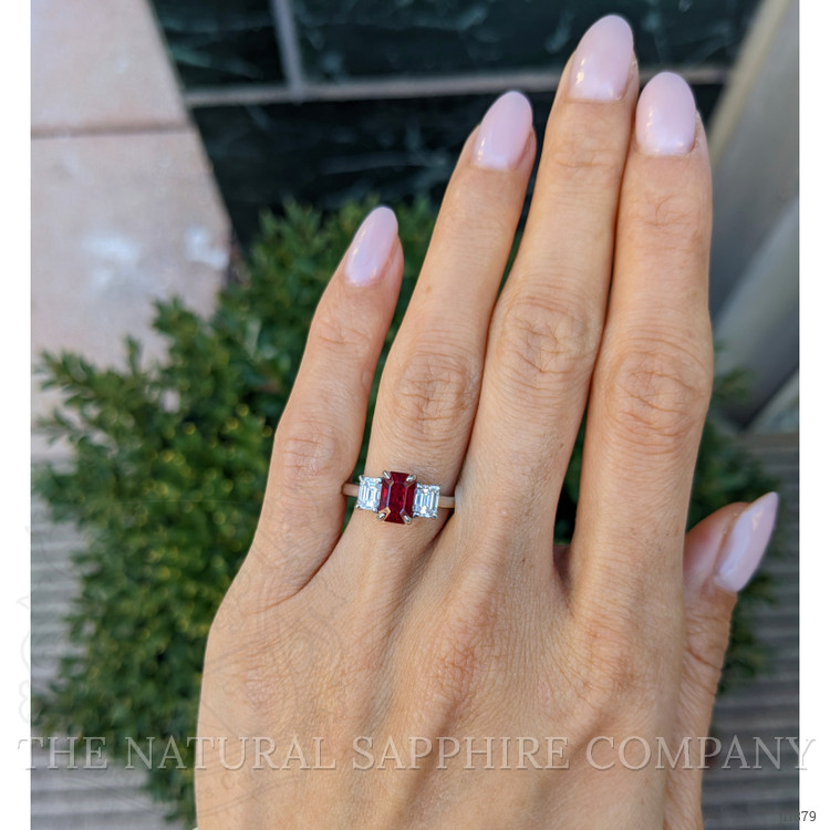 1.52 Ct. Ruby and Natural Diamond Three Stone Ring, Platinum 950