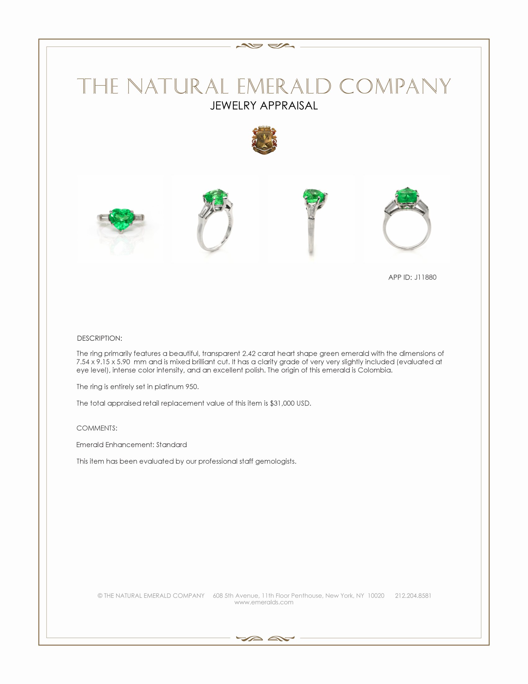 2.62 Ct.Tw. Emerald and Natural Diamond Three Stone Ring, Platinum 950