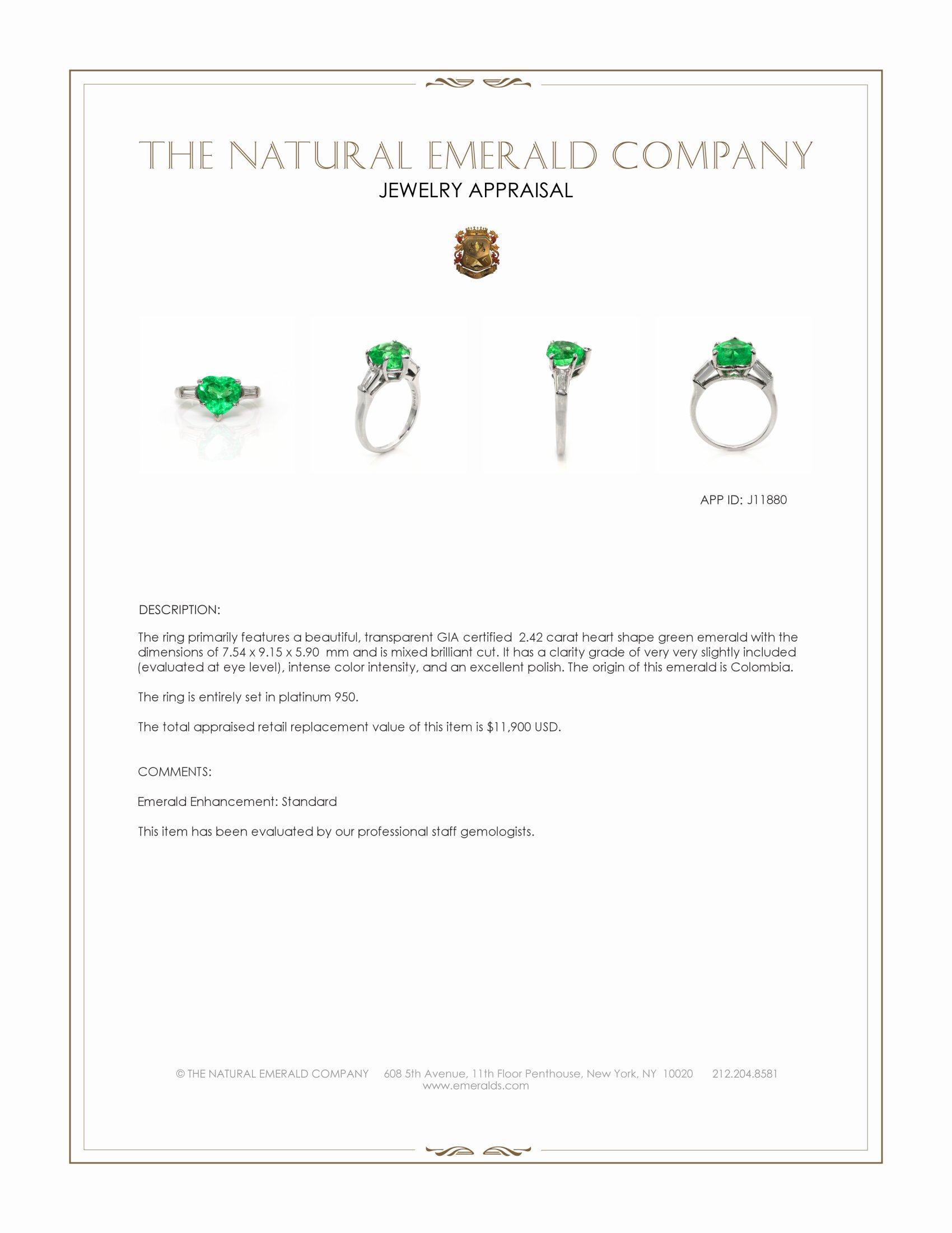 2.62 Ct.Tw. Emerald and Natural Diamond Three Stone Ring, Platinum 950