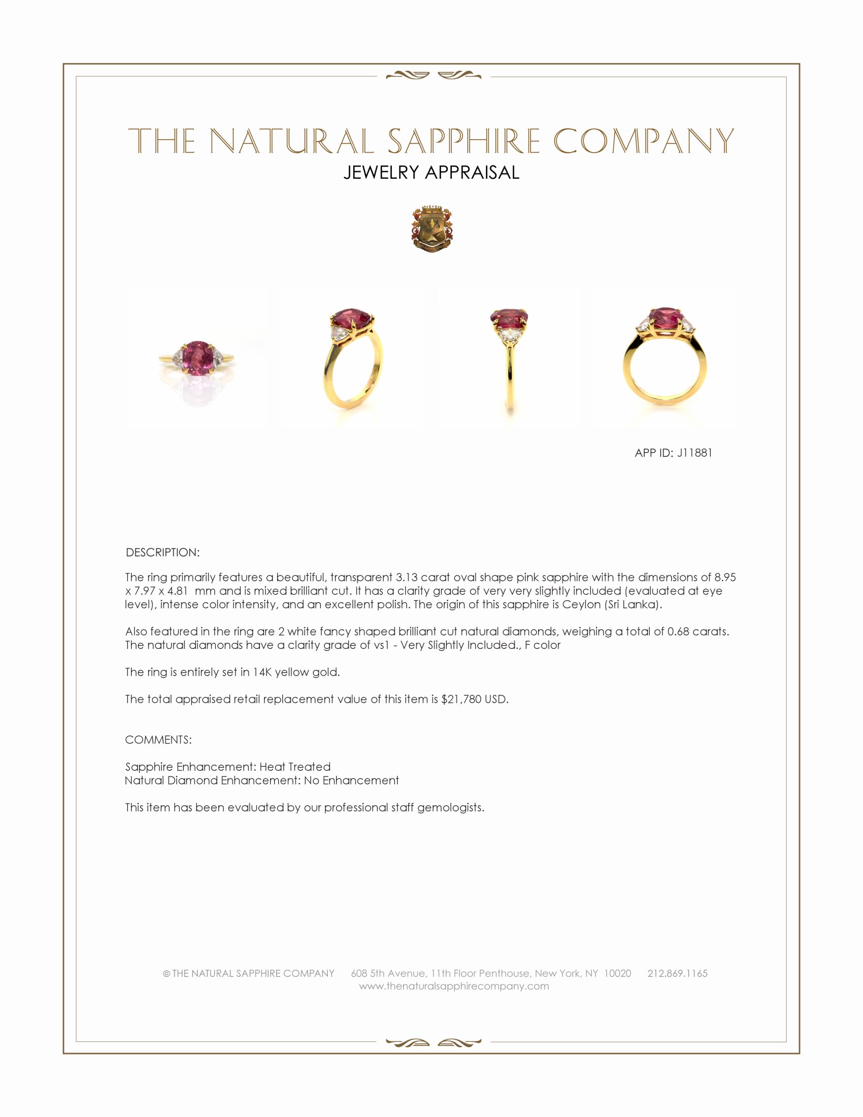 3.13 Ct. Pink Sapphire and Natural Diamond Three Stone Ring, 14K Yellow Gold