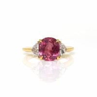 3.13 Ct. Pink Sapphire and Natural Diamond Three Stone Ring, 14K Yellow Gold Video
