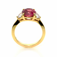3.13 Ct. Pink Sapphire and Natural Diamond Three Stone Ring, 14K Yellow Gold Image