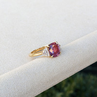 3.13 Ct. Pink Sapphire and Natural Diamond Three Stone Ring, 14K Yellow Gold Life Style