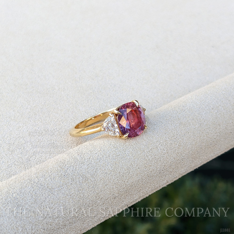 3.13 Ct. Pink Sapphire and Natural Diamond Three Stone Ring, 14K Yellow Gold