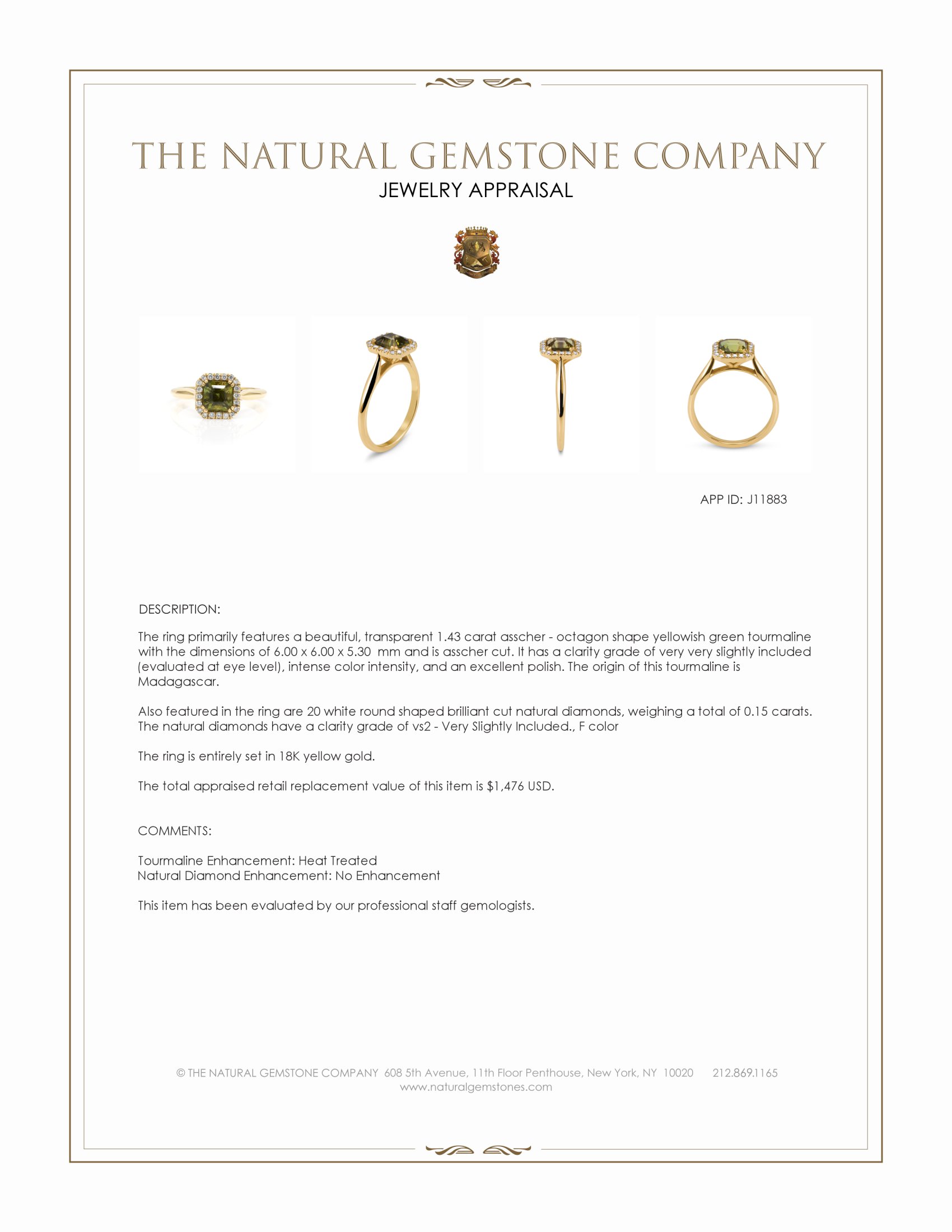 1.43 Ct. Yellowish Green Tourmaline and Natural Diamond Pave Ring, 18K Yellow Gold