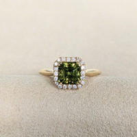 1.43 Ct. Yellowish Green Tourmaline and Natural Diamond Pave Ring, 18K Yellow Gold Life Style