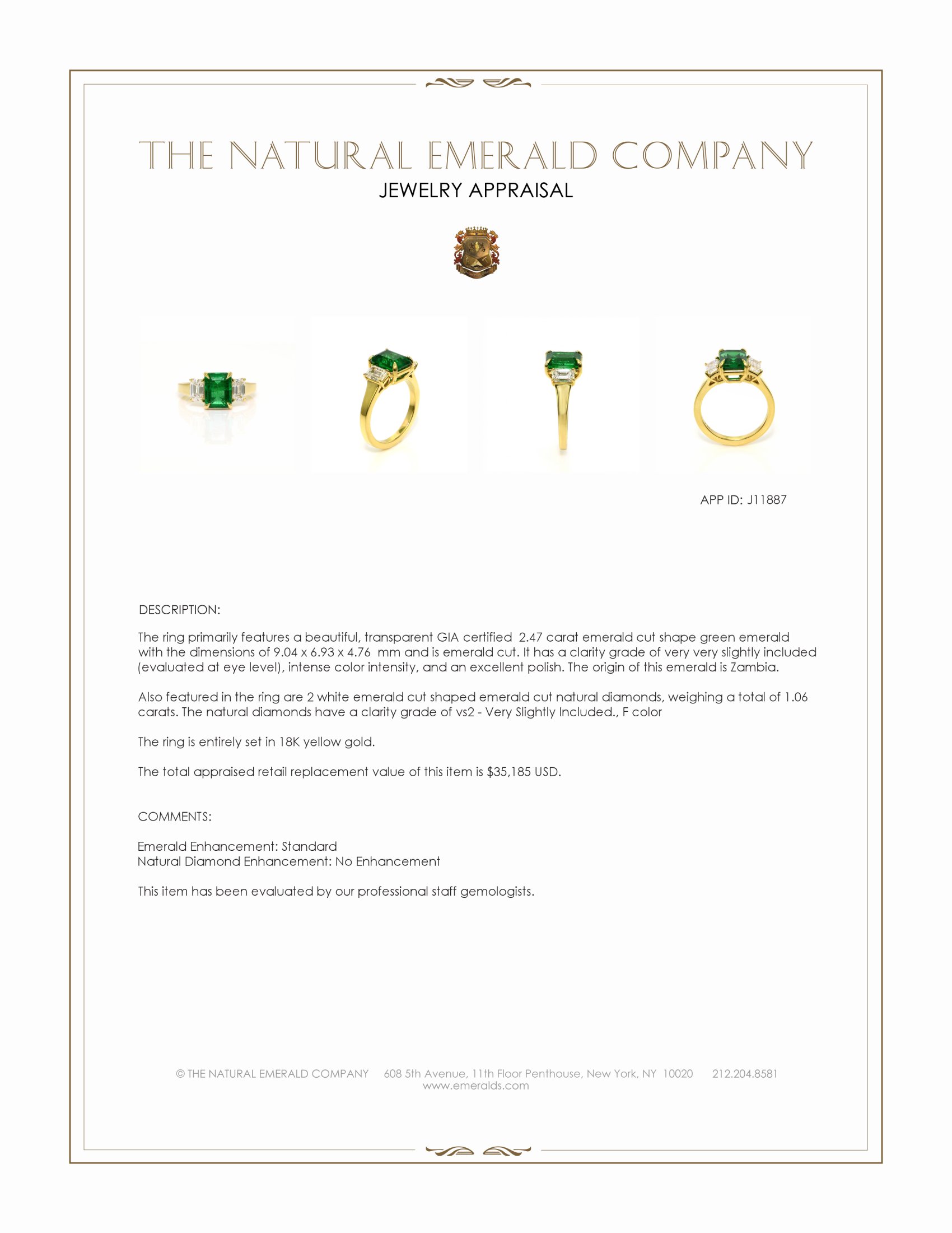 2.47 Ct. Emerald and Natural Diamond Three Stone Ring, 18K Yellow Gold