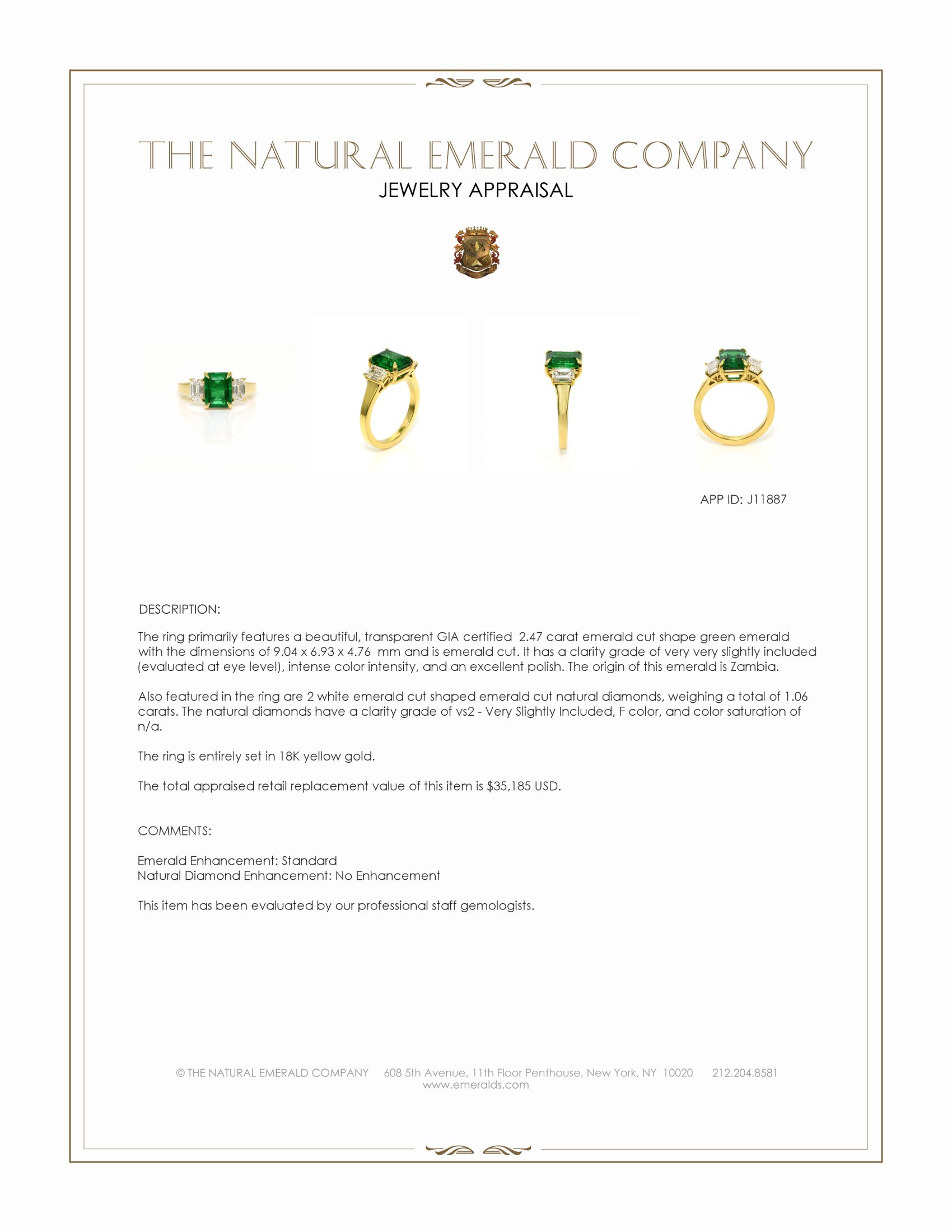 2.47 Ct. Emerald and Natural Diamond Three Stone Ring, 18K Yellow Gold
