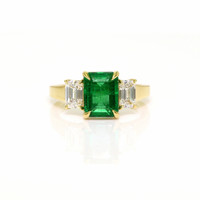 2.47 Ct. Emerald and Natural Diamond Three Stone Ring, 18K Yellow Gold Video