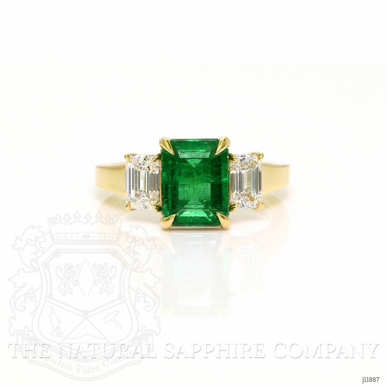 2.47 Ct. Emerald and Natural Diamond Three Stone Ring, 18K Yellow Gold
