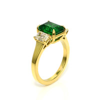 2.47 Ct. Emerald and Natural Diamond Three Stone Ring, 18K Yellow Gold Image