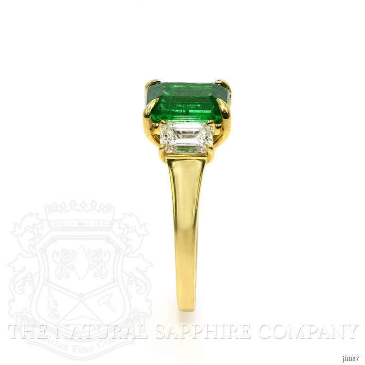 2.47 Ct. Emerald and Natural Diamond Three Stone Ring, 18K Yellow Gold