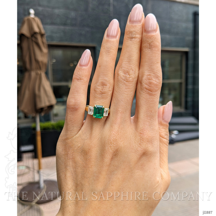 2.47 Ct. Emerald and Natural Diamond Three Stone Ring, 18K Yellow Gold